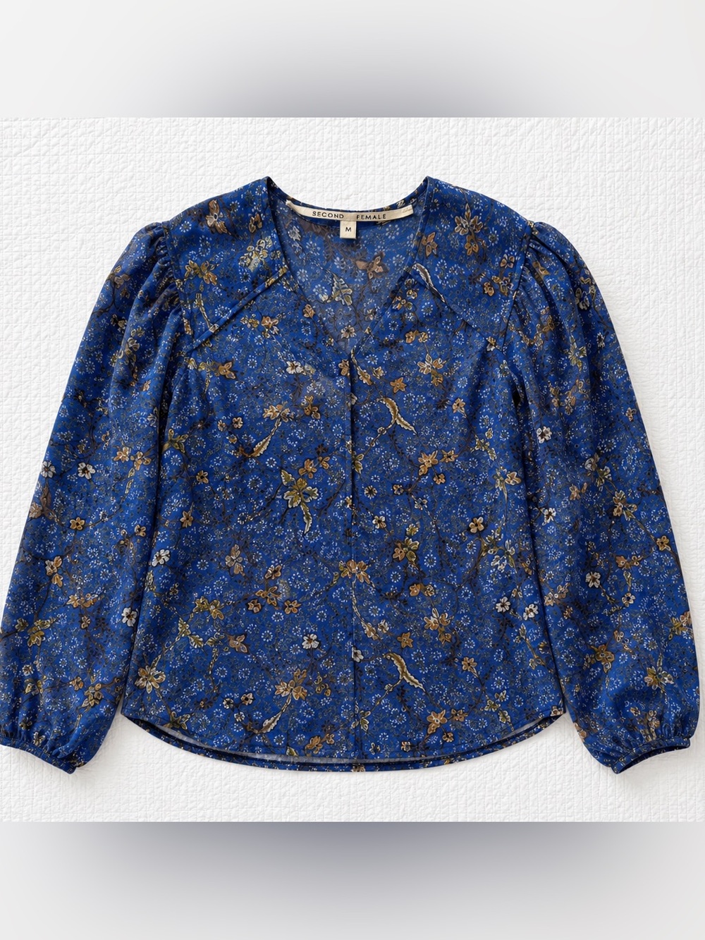 Second‎ Female Lantana Blue Floral Viscose Blouse Puff Sleeve Top Size Medium